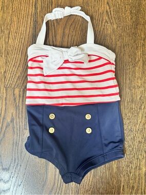 Janie and Jack toddler girls sailor blue striped red one piece swimsuit